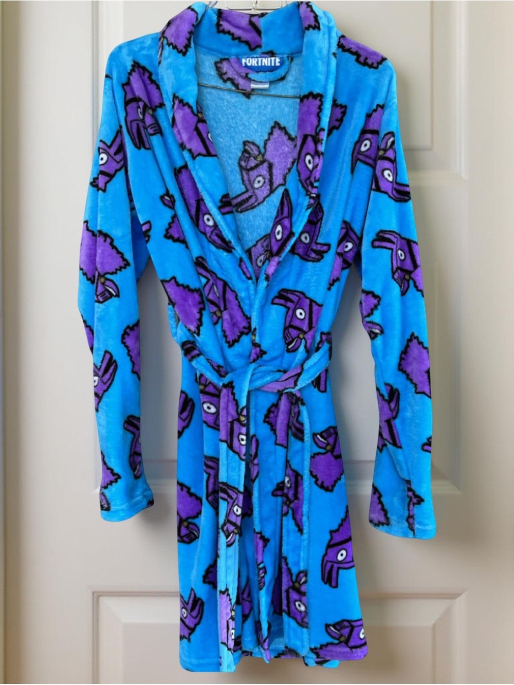 Boys Fortnite Llama Plush Fleece Bath Robe XL Blue Purple Belted Cozy Lounge
